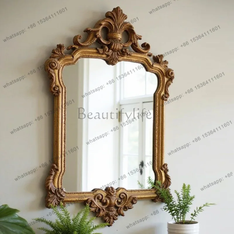 European retro carved wall hanging bathroom mirror Art Deco mirror