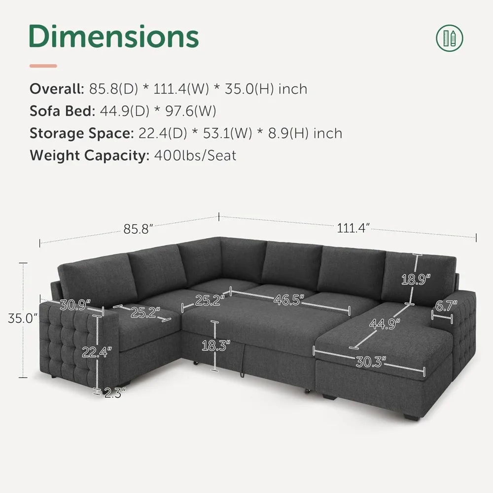 Sleeper Sectional Couch with Pull-Out Bed Sectional Sleeper Sofa Pull Out Bed with Storage Chaise, Sectional Couch for