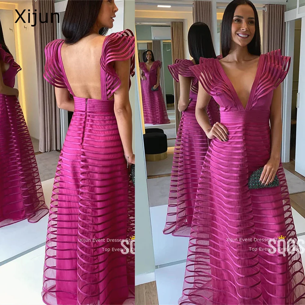Xijun Fuschia A Line Long Evening Dresses V Neck Cap Sleeves Floor Length Prom Dress Women Party Special Occasion Dress vestido