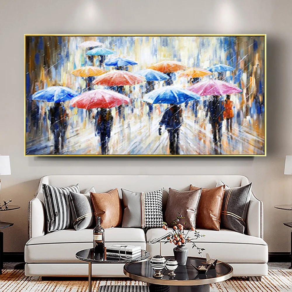 

Pedestrian With Umbrella 100% Hand-Painted Pictures Scenery Oil Painting On Canvas Large Home Wall Decorative Poster Unframed