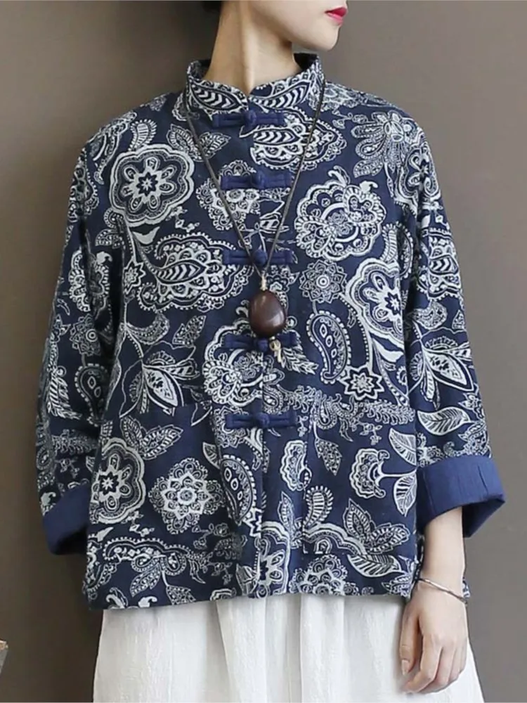 Oversized Autumn Jacket Coat Women Cotton Linen Modis Ethnic Style Tie Floral Print Ladies Jackets Loose Casual Woman Coats 2023