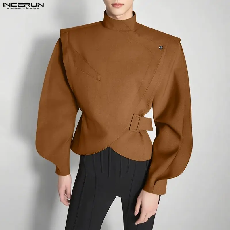 INCERUN Men Shirt Solid Stand Collar Long Sleeve Casual Men Clothing Streetwear Loose Fashion Irregular Shirts Camisas 2026 3XL
