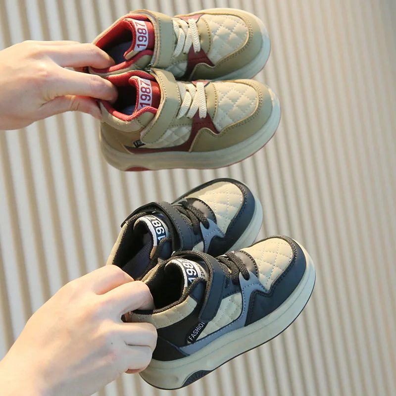 

Children Spring Autumn Soft Soled Sneakers Boys Casual High Top Anti Slip Grid Lightweight Board Shoes Girls Velcro Casual Shoes