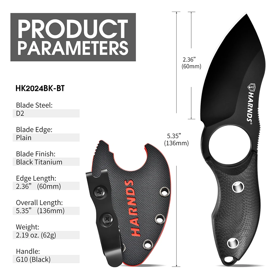 

Harnds Eggplant HK2024 Маленький нож с фиксированным лезвием, нож Full Tang, нож EDC со стальным лезвием D2 и ручкой G10 для кемпинга, рыбалки