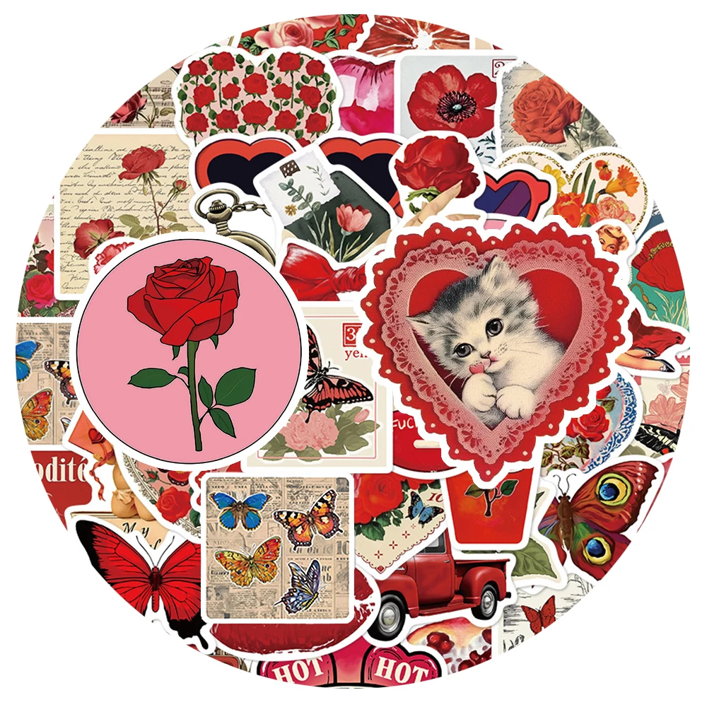 

10/30/50pcs Cartoon Vintage Red Aesthetic Art Stickers Waterproof Graffiti DIY Laptop Luggage Phone Guitar Cute Decoration Decal