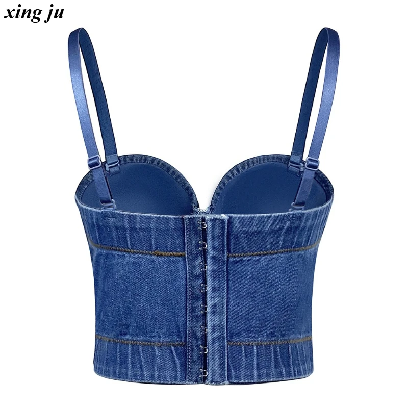 شينغ جو ملهى ليلي DJ مثير الدنيم المحاصيل القمم النساء ملابس رقص الجاز الملابس النسائية موضة الماس حبال سترة المغني المرحلة ارتداء #3