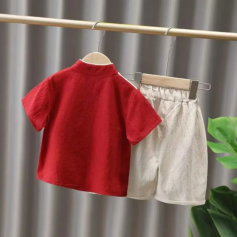 Boys Summer Set New Children's Chinese Style Tang Set Baby Ancient Short Sleeved Top and Shorts 2-Piece Set