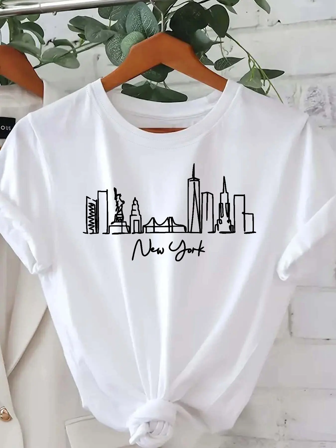 New York City Line Pattern Printed Summer Women's T-shirt Top Short Sleeve Round Neck Casual Women's Tshirt Clothing Personality