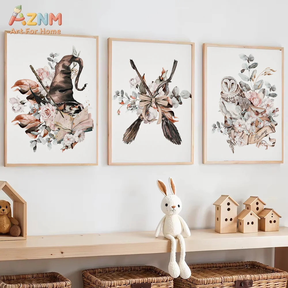AZNM Unframed Canvas Print Magic Wizard Owl Floral Wall Art Witch Broom Nursery Home Decor Poster