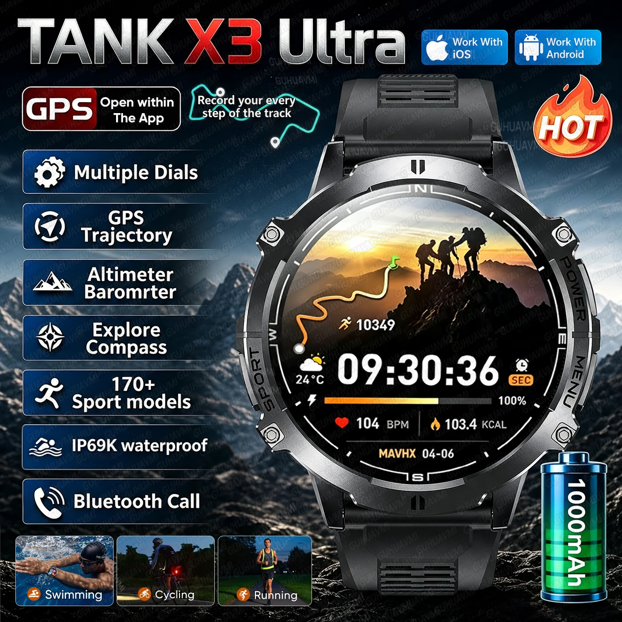 New TANK X3 Ultra Military 1000mAh Battery Smart Watch Men 1.73" AMOELD Screen 10ATM Waterproof Compass HD Call Sports Smartwatc