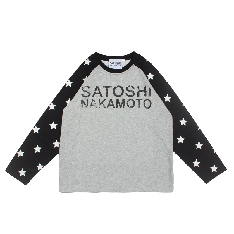 Unisex Long Sleeve SATOSHI T Shirt Vintage Letter Print Star Pattern Sleeve Oversized Casual Streetwear Tops Men Women