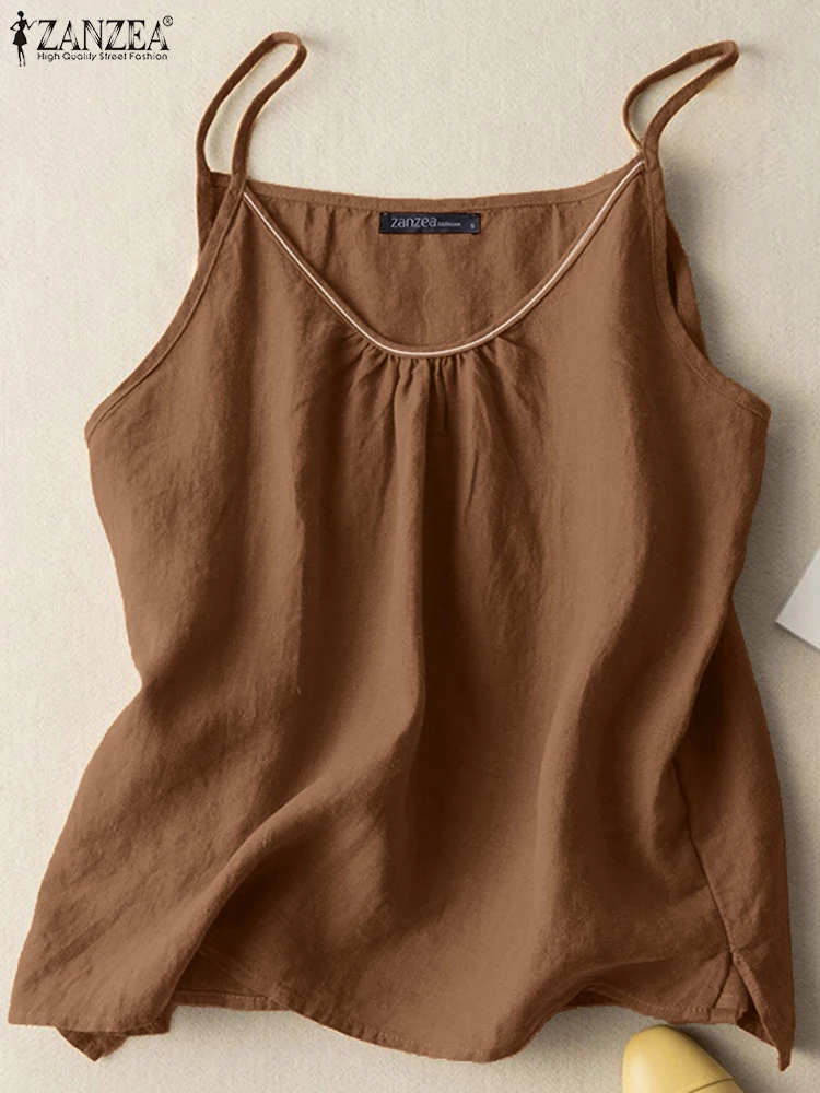 2025 ZANZEA Womens Summer Camisole Tops Spaghetti Straps O-Neck Contrast-Stitch Sleeveless Tops Casual Cotton Linen Solid Camis