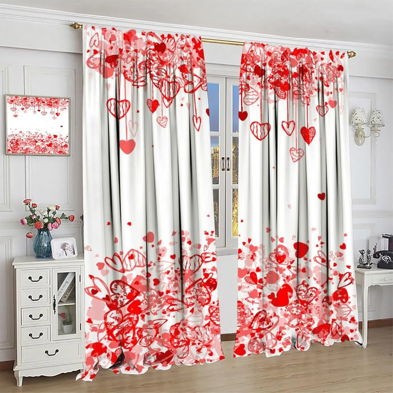 Valentines Curtain,Pink Red Heart Abstract Art Girl Women Window Treatment Curtains for Bedroom Cafe Dining Room Office Living