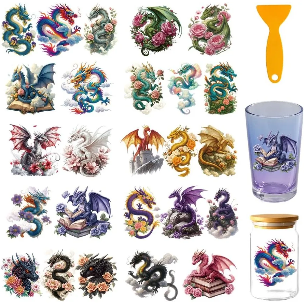 

25 Pcs Dragon Cloud UV DTF Cup Wraps 10 Sheets Flying Animal Cup Wraps Decals Waterproof Rub on Transfer Stickers
