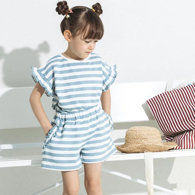 

2024 Clibeso Baby Kids Clothes Sets Sister Matching Outfits Summer Korean Shirt+Shorts Suit Girls Blouse+Pant Set Stripes Cotton