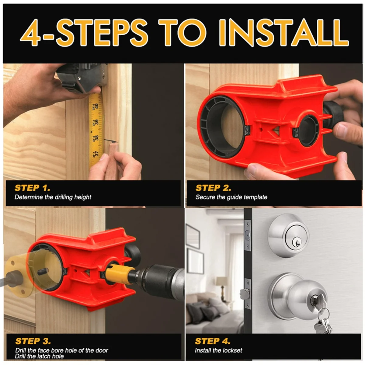 A002 Door Lock Installation Kit,Door Lock Jig for Metal or Wood Doors,Hole Saw Kit for Easy Lockset Installation Red