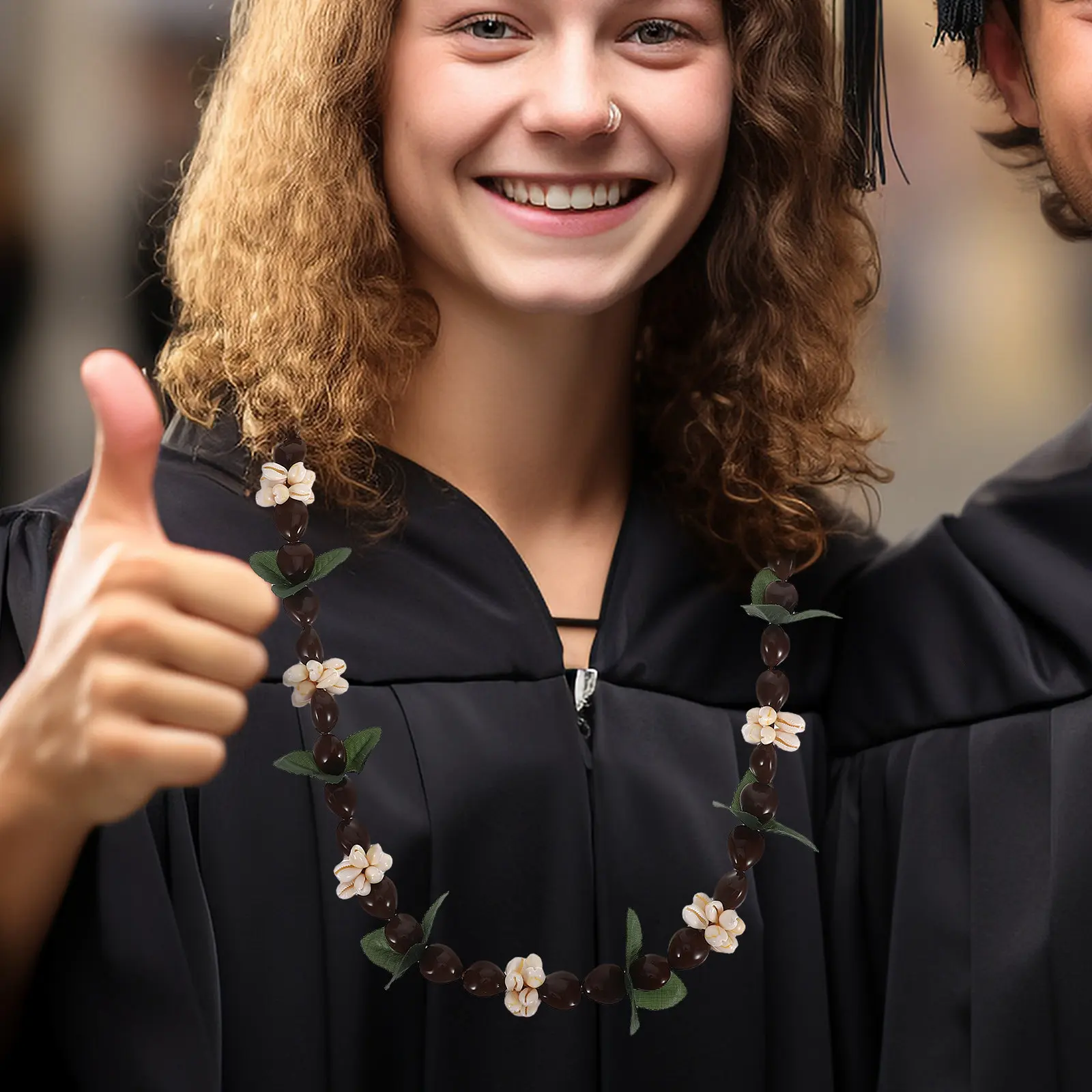 Black Nut Graduation Garland Necklace Hawaiian with Artificial Flowers Leaves Lightweight Comfortable Tropical Beach