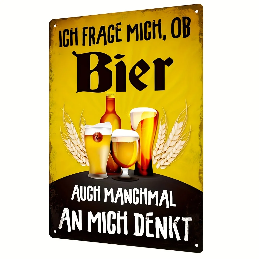 Vintage German Beer Quote Metal Tin Sign (12x8 inches) - Retro Wall Art with Beer Mug and Winged Design, Perfect for Home Decor