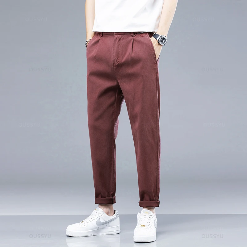 New Summer Soft Cosy Breathable Lyocell Fabric Casual Pants Men Thin Slim Elastic Waist Korea Jogger Work Wine Red Trousers Male