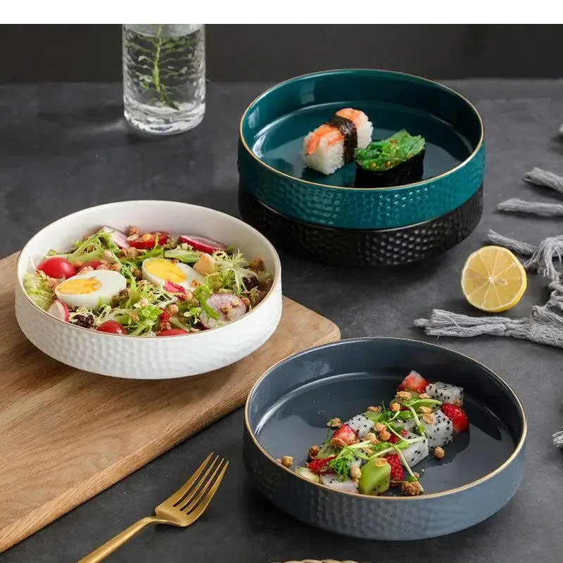 Round Ceramic Fruit Salad Plate Soup Pot Dessert Bowl Restaurant Solid Color Tableware Noodle Ramen Bowls Dinner Plates