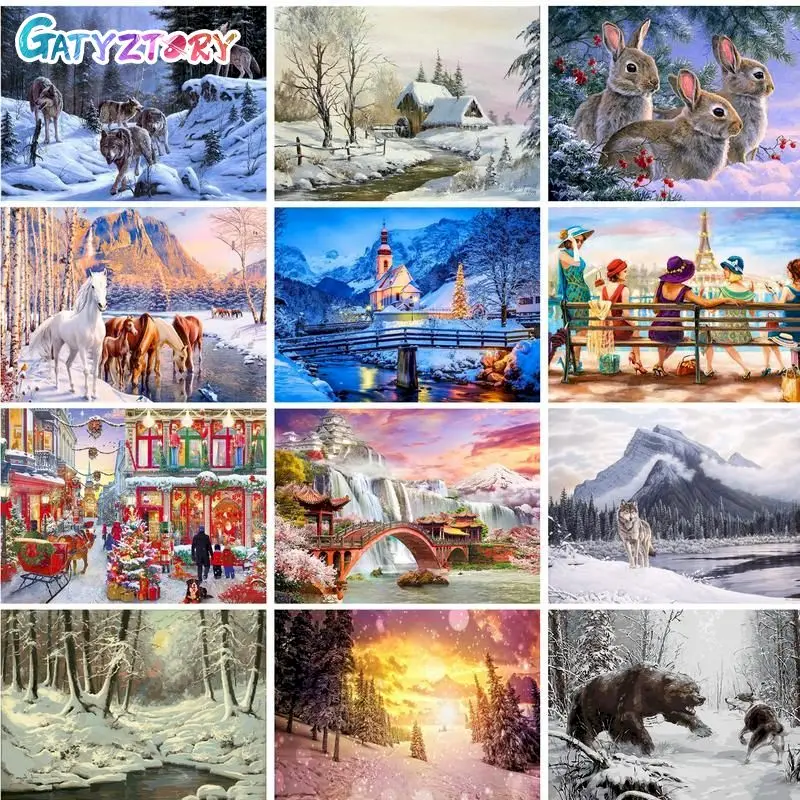 GATYZTORY Oil Painting By Numbers DIY Set Painting Numbers Winter Landscape Artwork For Adults Gift Drawing By Numbers Wall Art