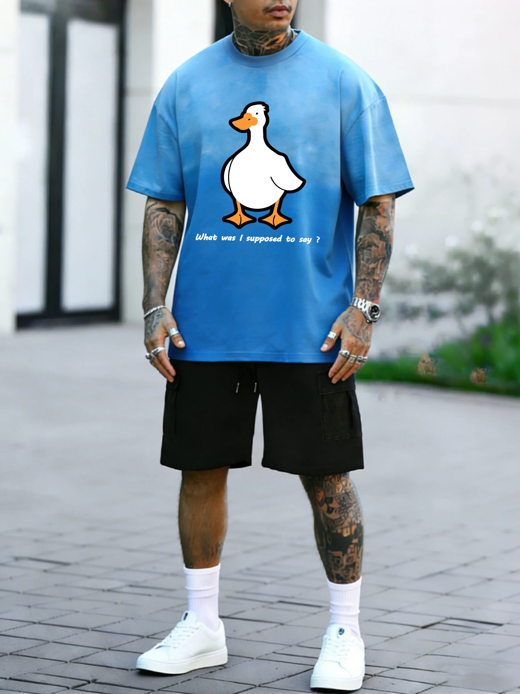 

Футболка с принтом «Что должен говорить гусь» в стиле ретро, летний новый креативный комплект с шортами, хлопковая модная унисекс футболка с круглым вырезом