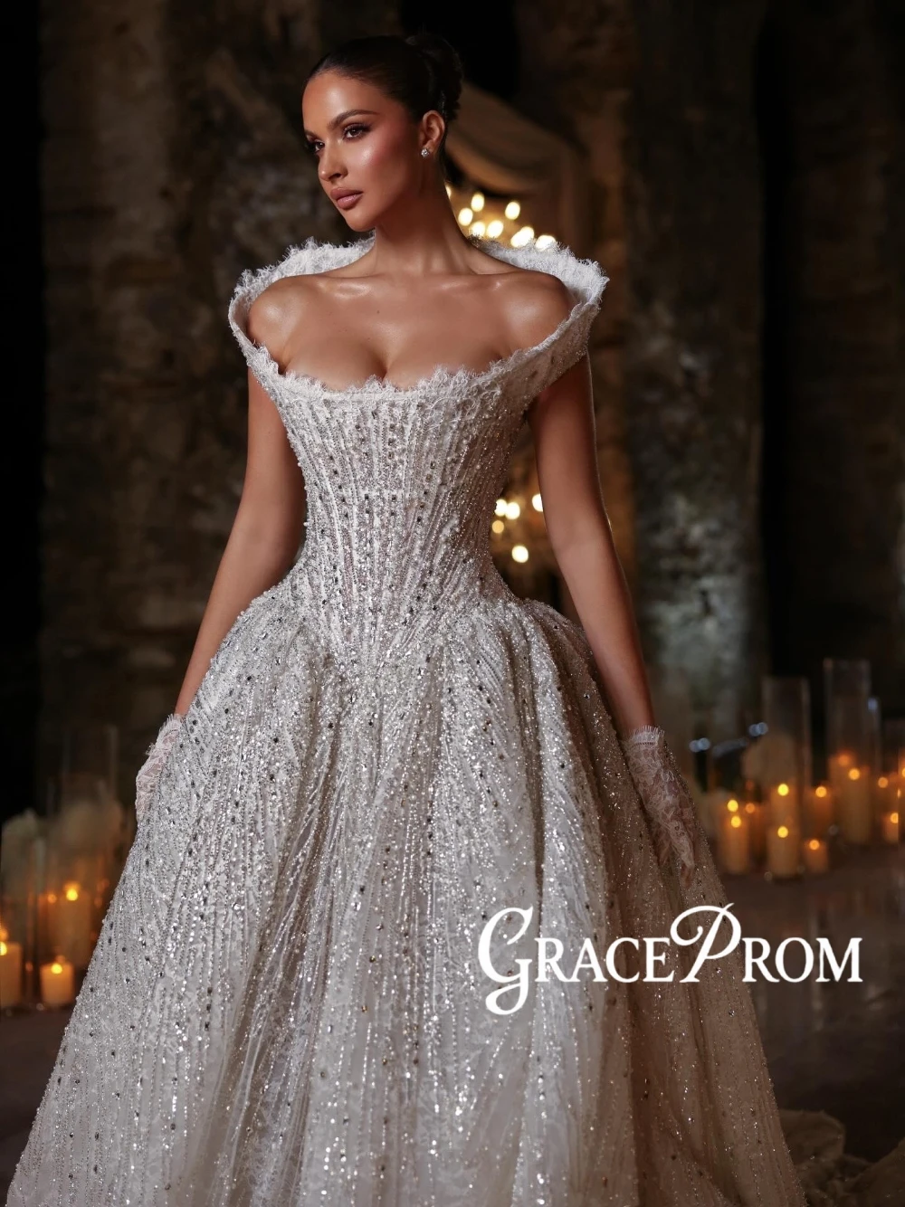 

Elegant Royal Off Shoulder Ball Gown Wedding Dress Exquisite Beads Crystal Lace Cathedral Train Bridal Gown For Bride Customized