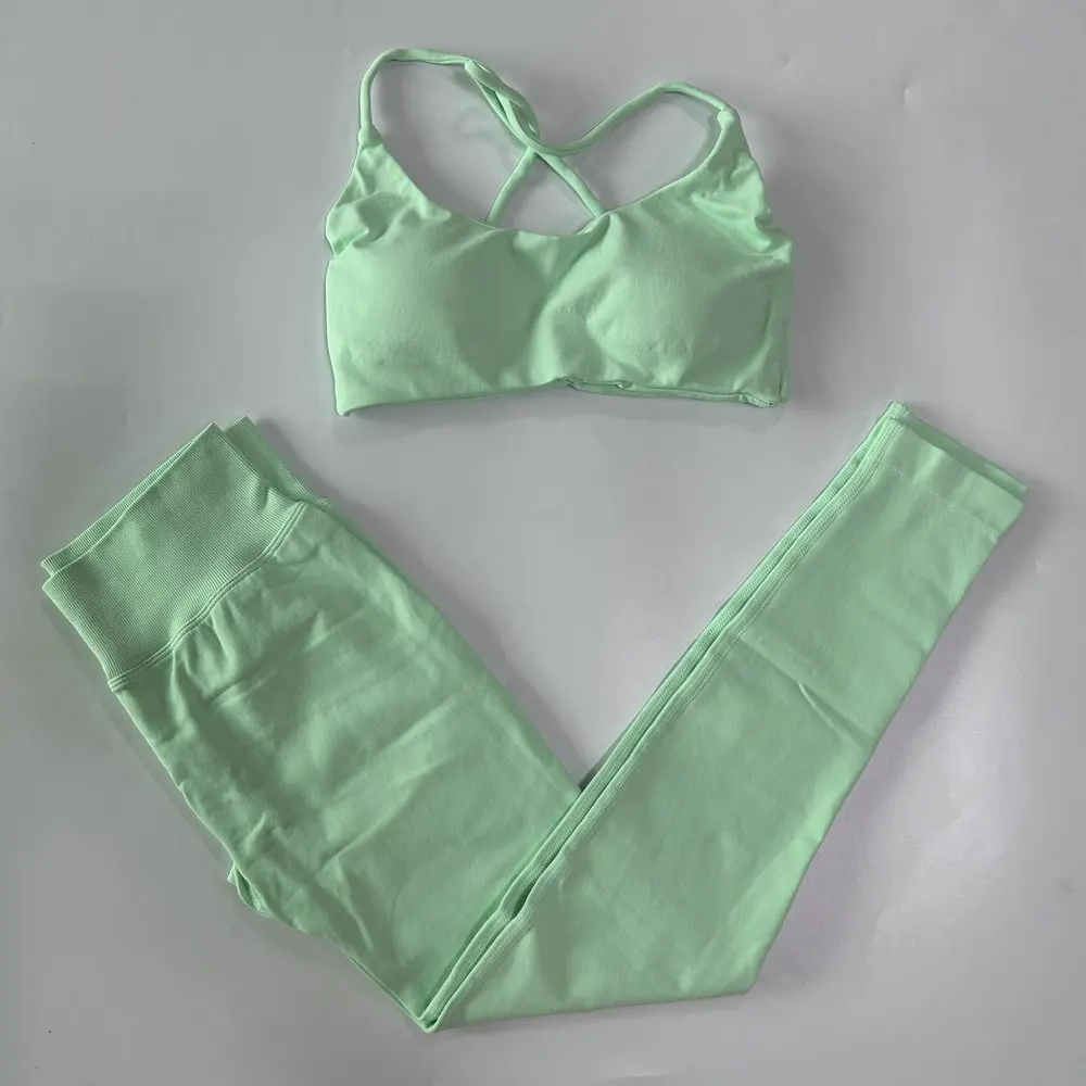 2-teiliges Sport-Set für Damen, nahtloser Yoga-BH mit Riemchen am Rücken, mittlerer Halt, Yoga-Leggings mit hoher Taille, Scrunch-Gym-Hose, Fitness-Strumpfhose – Detail 19