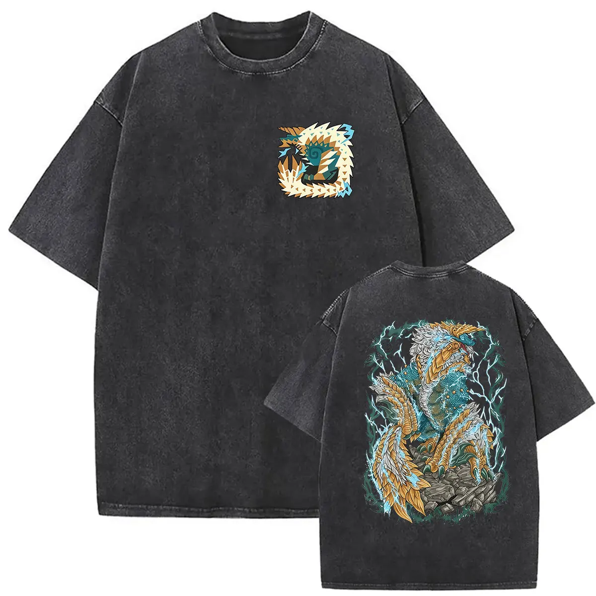 Hot Game Monster Hunter Zinogre The Thunder Wolf Vintage Washed T Shirt Men's Gothic Fashion Oversized Cotton T-shirt Streetwear
