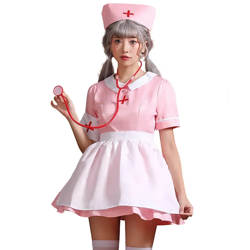 Pink Cute Nurse Lolita Maid Dress Costume Cosplay Suit For Girls Woman Waitress Maid Party Stage Fancy Dress