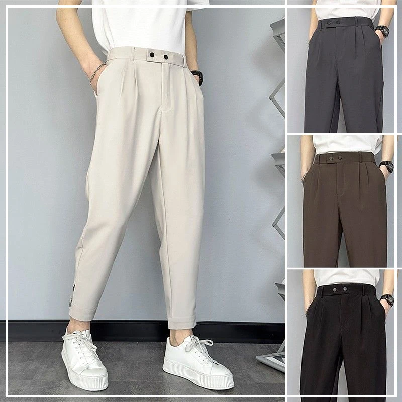 

Spring and Autumn Fashion Trend Simple and Casual Loose Versatile High Waist Pocket Solid Color Nine Point Harlan Suit Pants