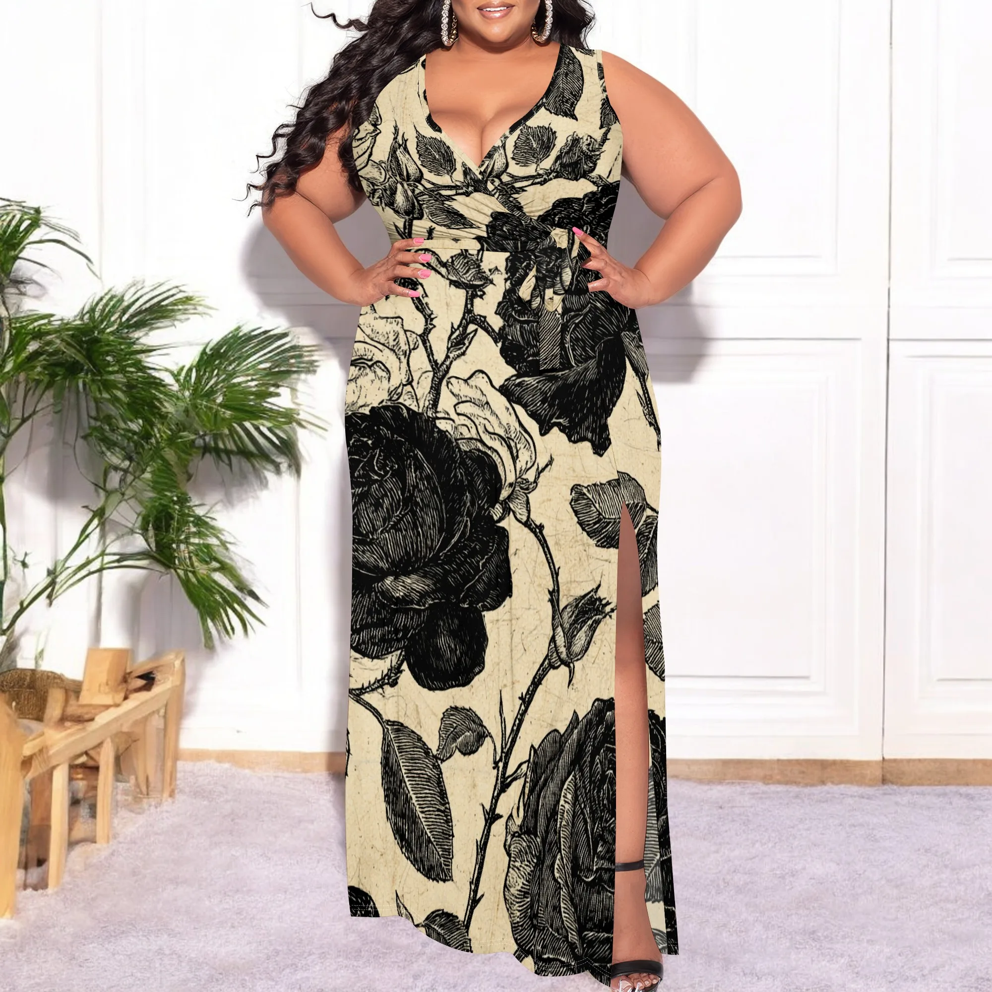 

Plus Size V Neck Maxi Dress XL-6XL Elegant Black & White Floral Print Party Dress with Slit