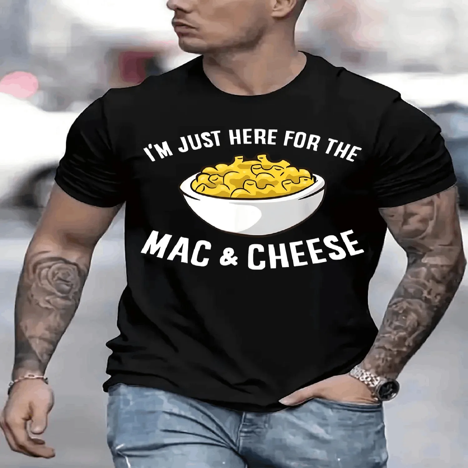 I AM JUST HERE FOR THE MAC AND CHEESE Mens TShirt Comfortable Crew Neck Casual Cotton ShortSleeves Soft Breathable Top Menswear Tshirt Summer Spring Streetwear Cotton Fabric Trendy Letter Print Casual T-shirt, Minimalist Tee,