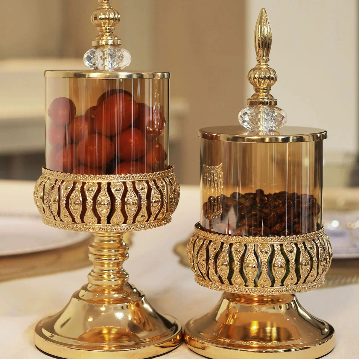 

European Luxury Crystal Glass Storage Jar with Lid Rose Candy Jar Gold-plated Storage Decorative Ornaments Art Home Decoration