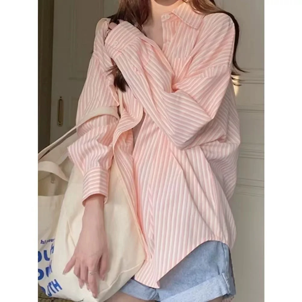 

Blue Pink Striped Boyfriend Cover-Up Shirts Womens Spring Autumn Long Sleeve Button Cardigan Korean Style Casual Oversized Top