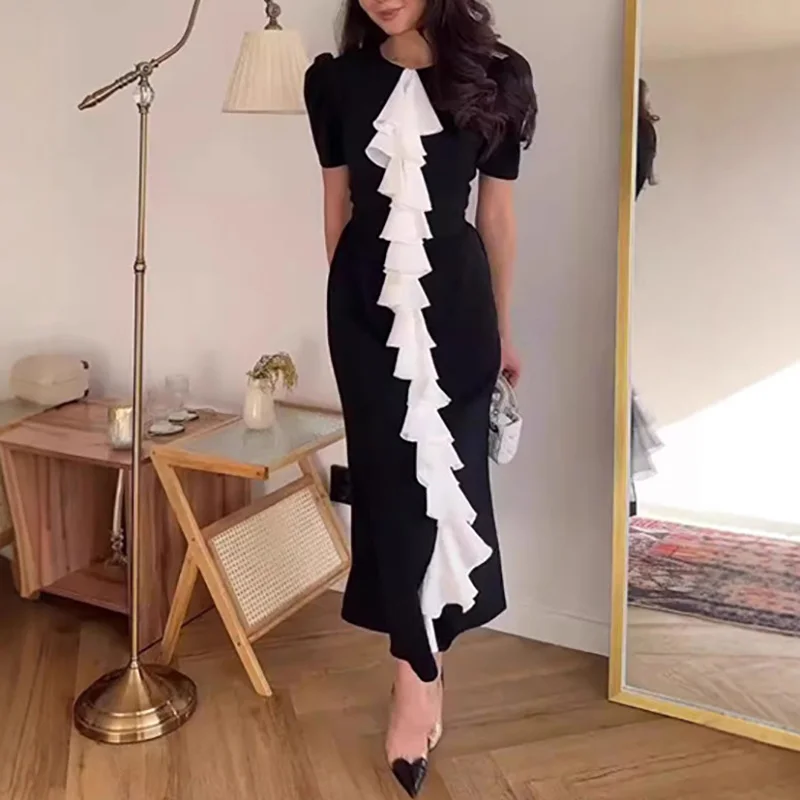 Elegant O-neck Colorblocked Long Dress Women Casual Bubble Sleeve Slim Fit Party Dress Fashion Hight Waist Solid Commuter Dress