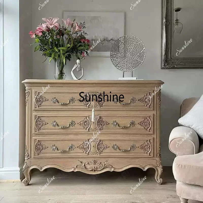 French country solid wood chest retro old hand carved three bucket cabinet