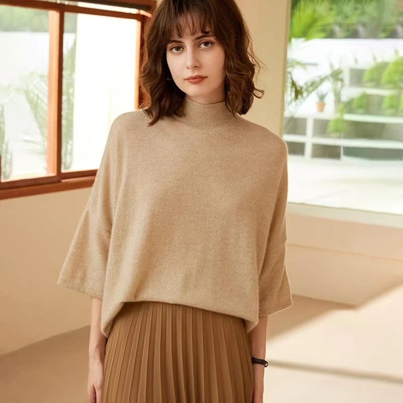 New loose cashmere and mulberry silk semi-high collar bottoming coat