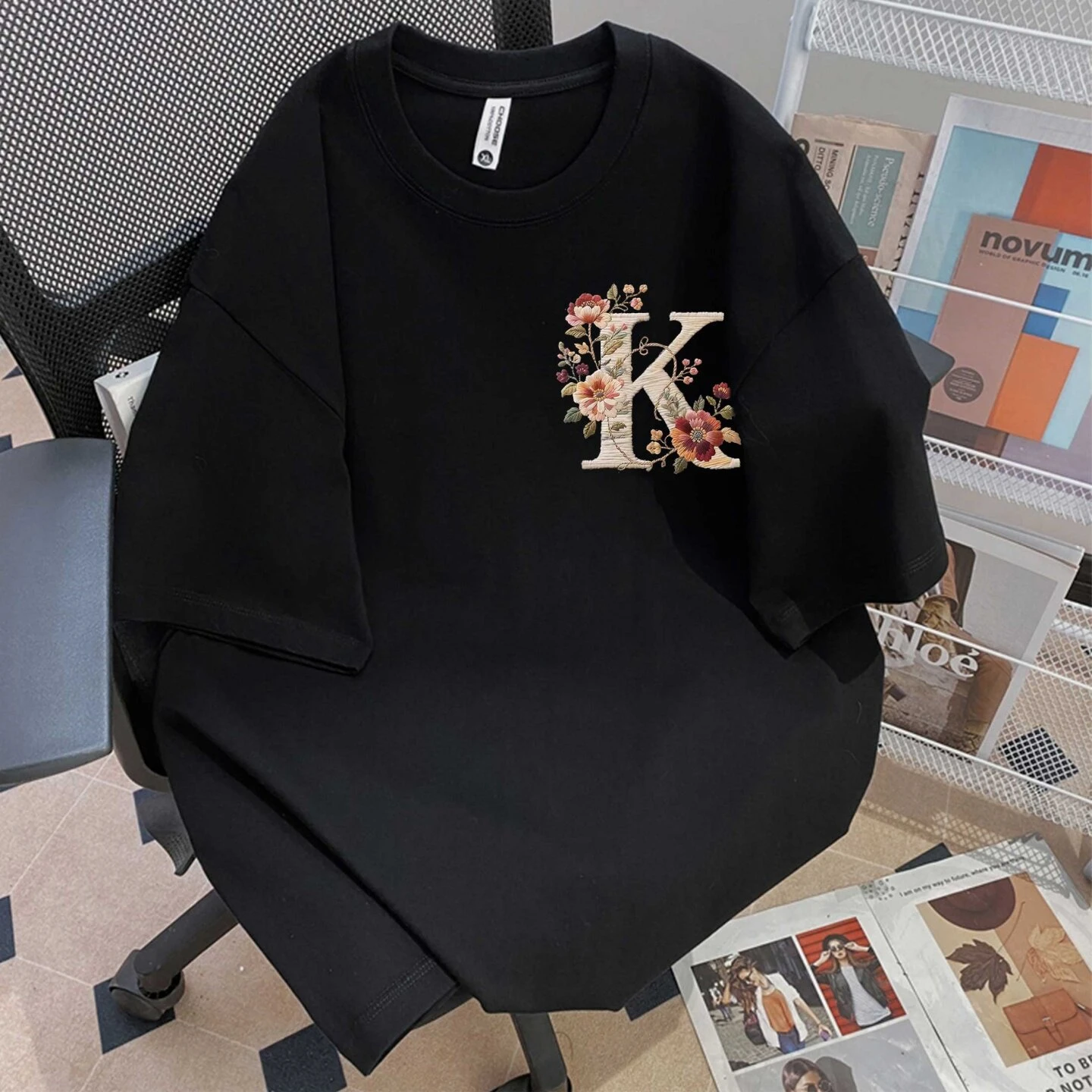 New Cotton American Retro Flower K Letter Imitation Embroidery Print Short Sleeve T-shirt Summer Loose Couple Half Sleeve Dress
