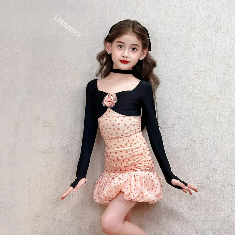 Herfst/winter nieuwe Latin-dansjurk voor kinderen, hoogwaardige oefenjurk met lange mouwen