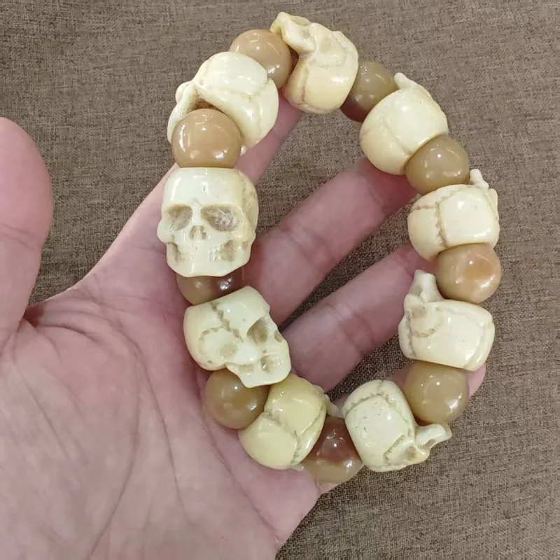 Pulseira gótica artesanal com contas esculpidas em formato de caveira, decoração retrô com pingente de esqueleto, unissex, estilo rock, ornamento casual para pulso
