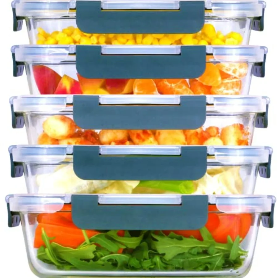 

Brieftons Glass Meal Prep Containers: 5 Pack 35 Oz with Airtight Leakproof Snap Locking Lids Ideal for Food Storage Lunch Packi