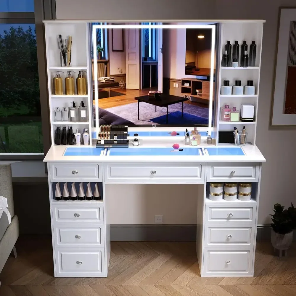 White Glass Top Vanity Desk with Mirror, Lights, and 9 Drawers - European Style Makeup Table with Crystal Knobs