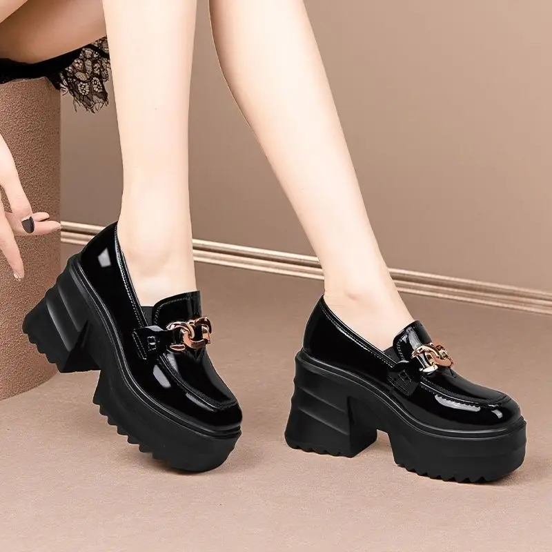 

Genuine Leather Patent Shiny Platform Loafers Single Shoes British Style Height Increasing Women High Heel Shoes