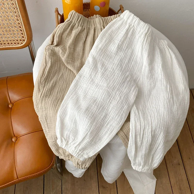 100% Cotton Double Gauze Children\'s Trousers Spring Summer New Boys And Girls Casual Japanese Solid Pants Baby Bloomers WTP110