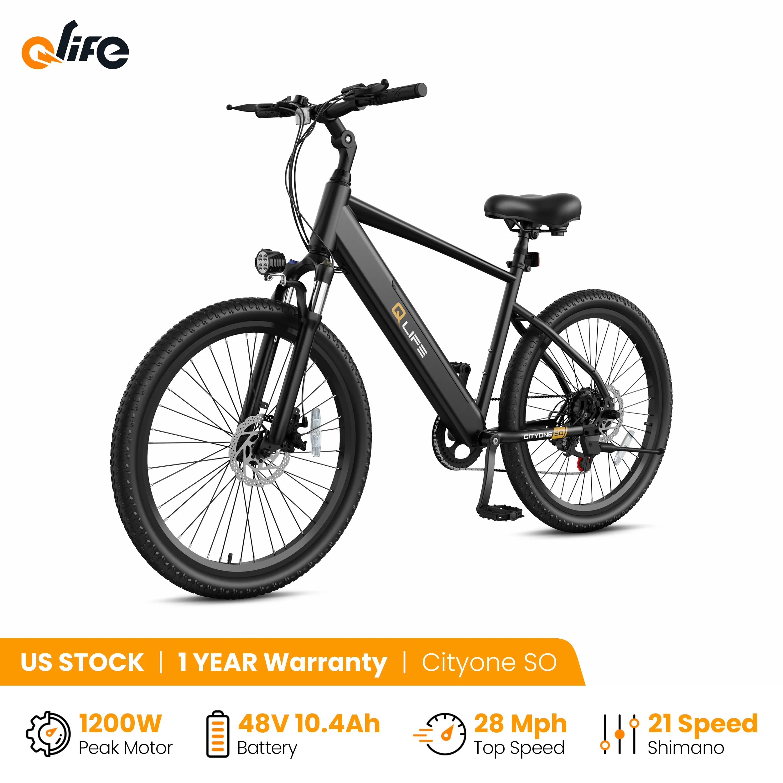 Qlife Cityone SO 26" Electric Bike for Adults, 1200W Peak Motor 48V 7.8Ah Battery, 28MPH 55 Miles, 7-Speed Electric Bicycle with Front Suspension