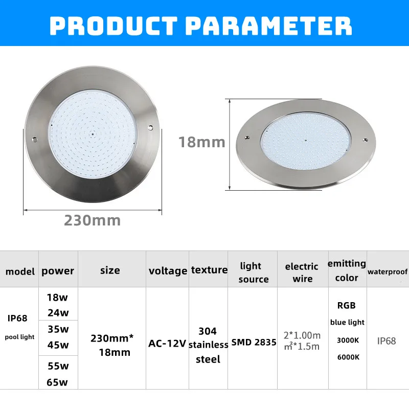 IP68 waterproof pool light 304 stainless steel resin filled ultra-thin light body Low voltage AC12V wall mounted RGB remote cont