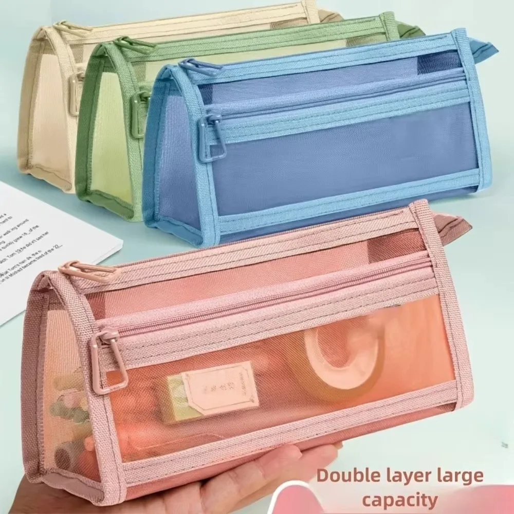 Morandi Grid Transparent Mesh Pencil Case Large Capacity Double Layer Pencil Pouch With Handle With Zipper Stationery Bag Travel