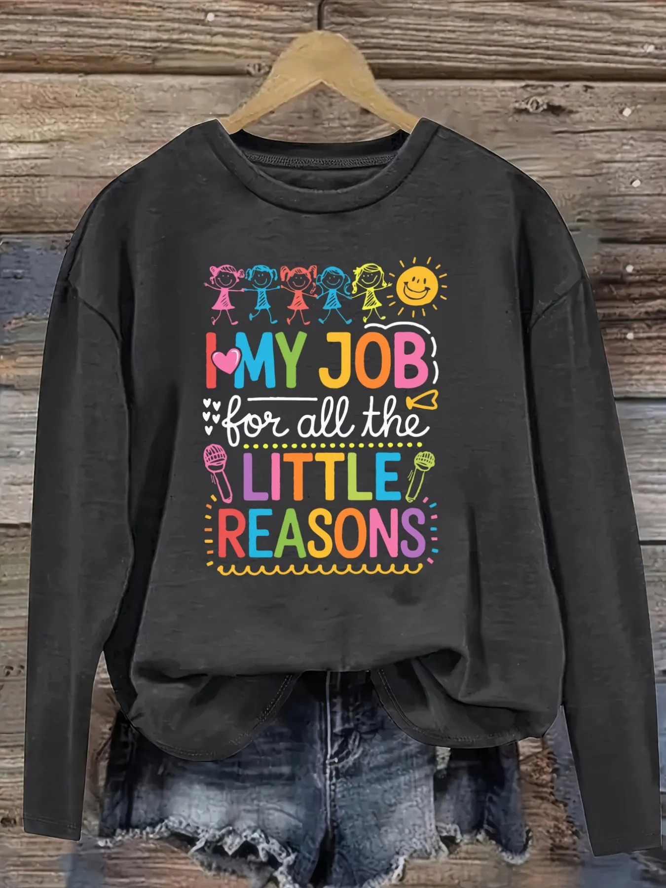 Women's Casual Long Sleeve Crew Neck T-Shirt My Job For All Little Reasons Design, Round Neck Women's Clothing, Machine Washable, Slightly Elastic, Loose Fit, Spring Autumn Winter Women's T-Shirt, Halloween Costume Outfit