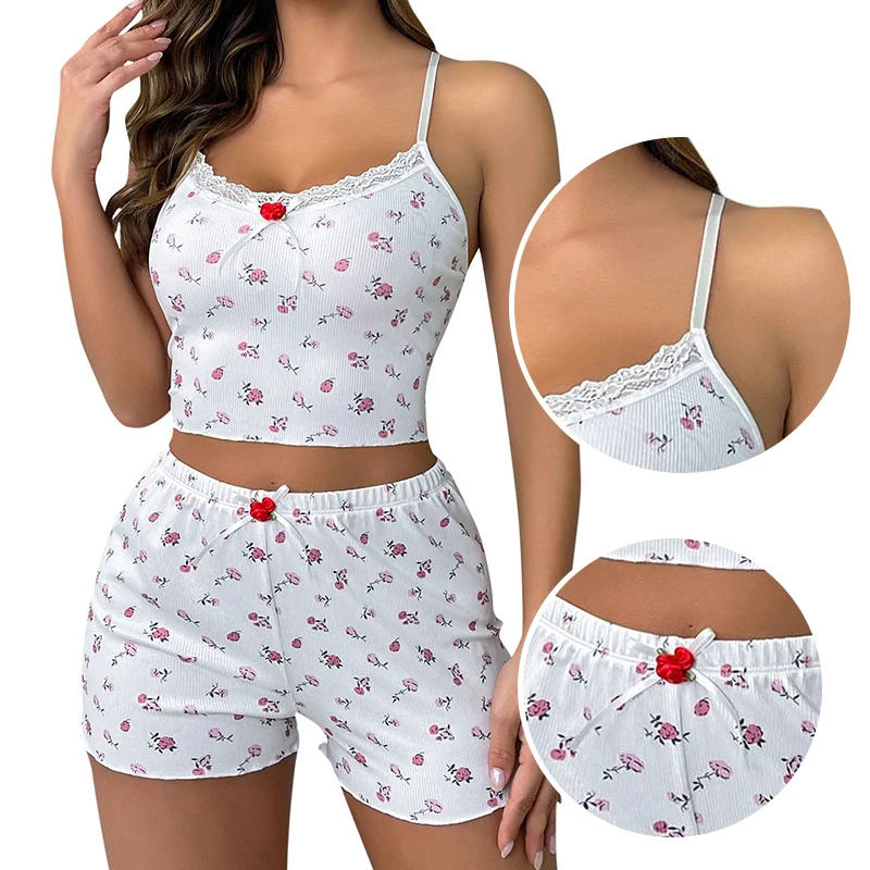 Summer Floral Print Home Clothing Two-Piece Set with Fresh Suspender Top and Shorts Sexy Set for Women\'s Pajamas